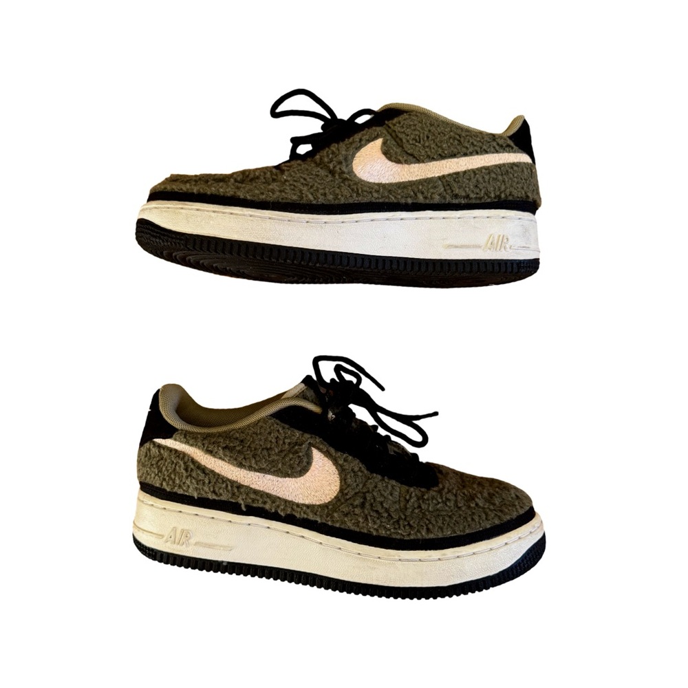 Nike Air Force 1s Olive and White Fuzzy Sneakers
